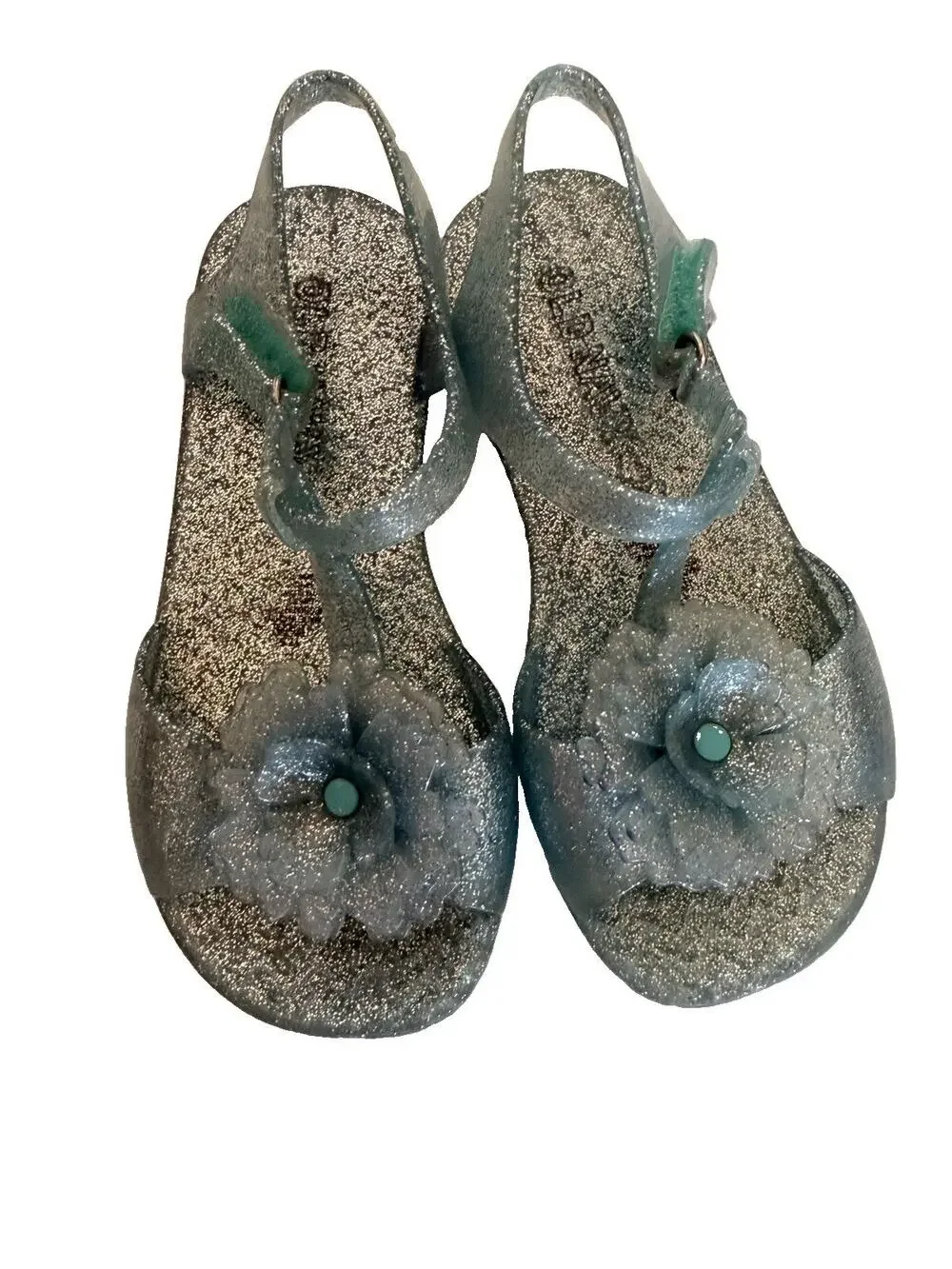 Old Navy Girls Glitter Jelly Sandals Silver Flower T-Strap Shoes Size 11